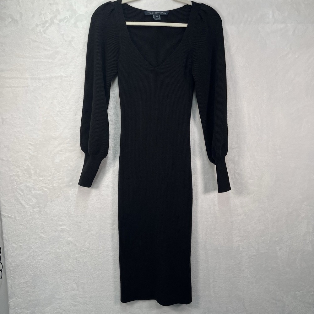 French Connection Joss Knit Balloon Sleeve Jumper Dress Womens XS Black Vneck